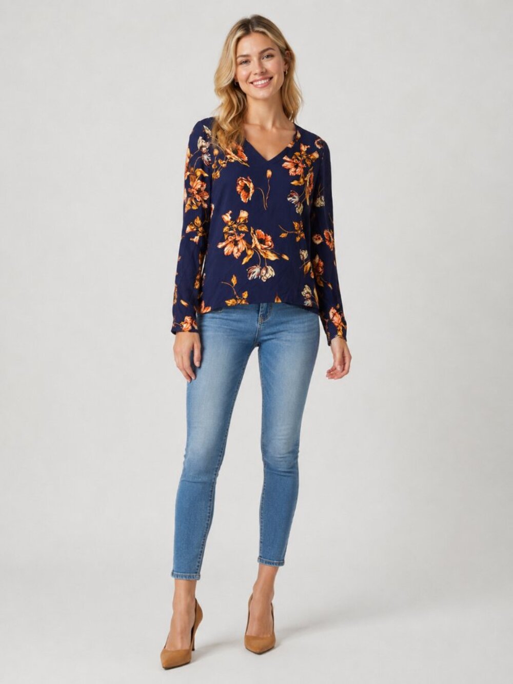 TAHARI Floral Print V-Neck Pullover Top Navy Large #A4316